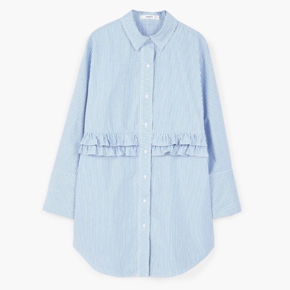 Mango | Ruffled Poplin Shirt Dress Blue Stripe 4 - Picture 3 of 9